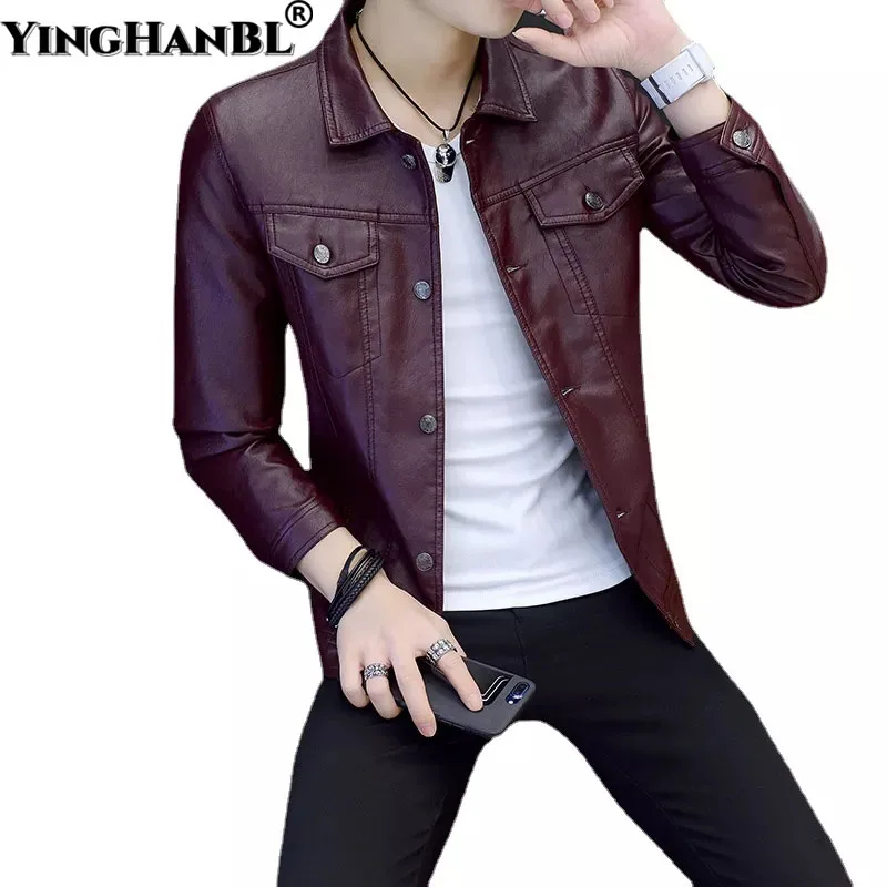 2022 Men's Fashion Youth Lapel Faux Leather Jacket Korean Casual Slim Locomotive PU Leather Coat Man Shirts Jacket Male Clothing