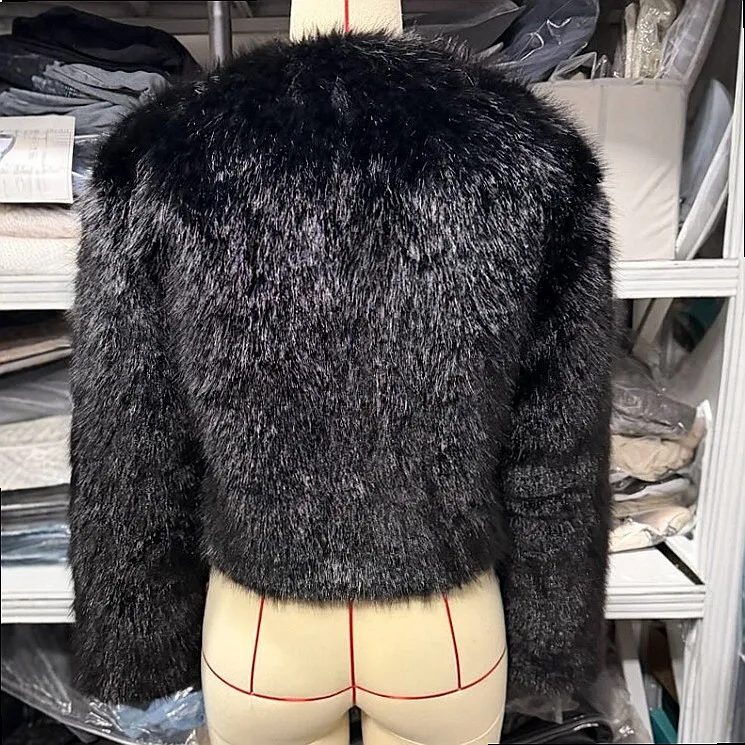 Black Short Faux Fur Coat Women Fall Winter Collarless Cardigan High Waist Thick Plush Warm Top