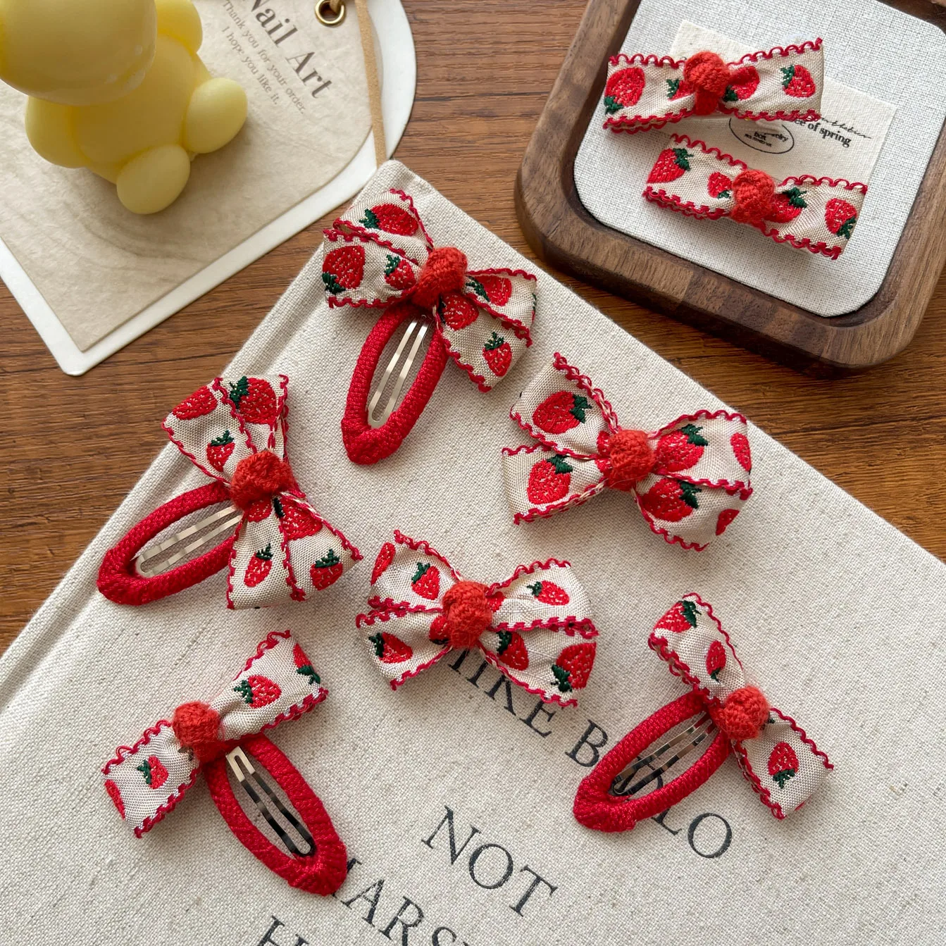 

K-Beauty Strawberry Hair Clips Red Velvet Bow Embroidery Non-Slip Grip Baby Girls Hair Accessories Set of 2