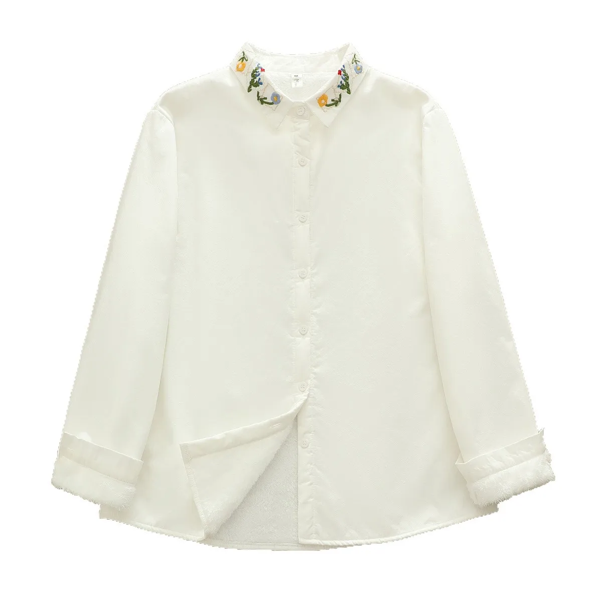 

High Quality Womens Cotton Velevt Blouse Shirt College Style Collar Embroidered Fleece Long Sleeve Thick Warm White Shirt