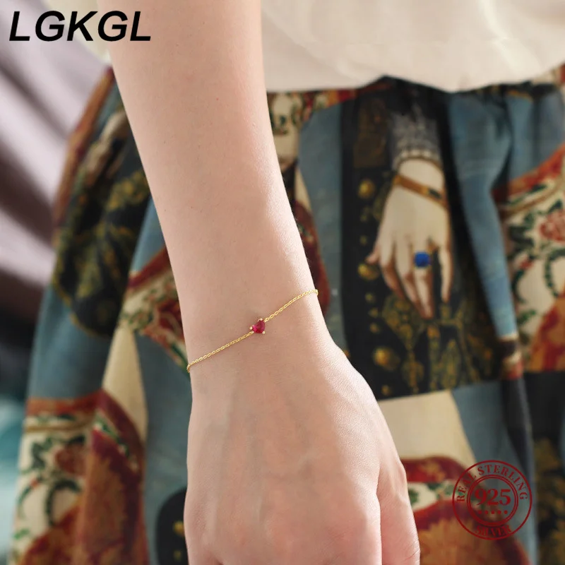 S925 sterling silver bracelet for women small red heart plated with 14k gold heart-shaped red diamond temperament ruby ​​Japanes
