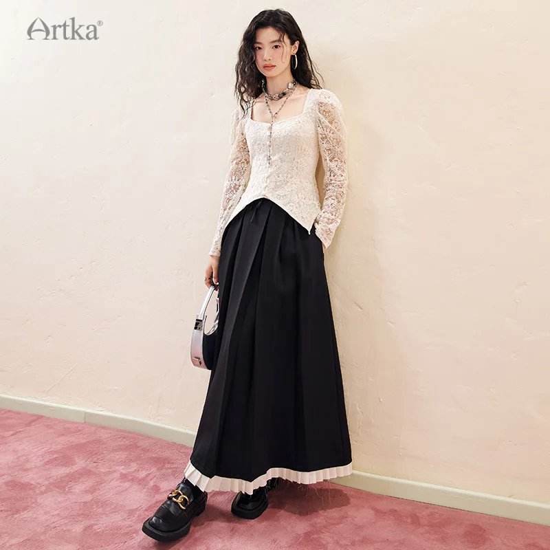 ARTKA 2023 Autumn New Women Skirt Fashion Elegant High Waist Pleated Skirts A-Line Black Long Skirt Female QA92339Q