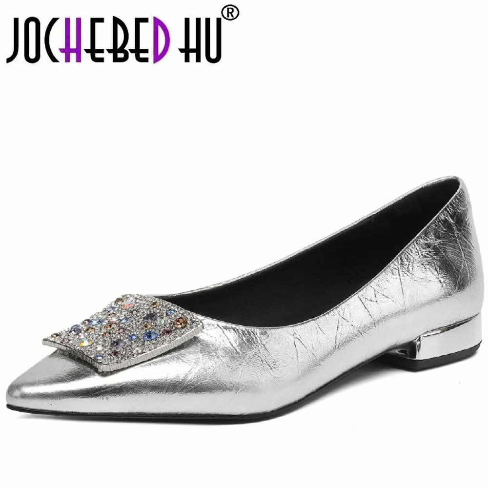

【JOCHEBED HU】women's Handmade Genuine leather pointed toe crystal buckle slip-on flats elegant ladies casual daily shoes 34-41