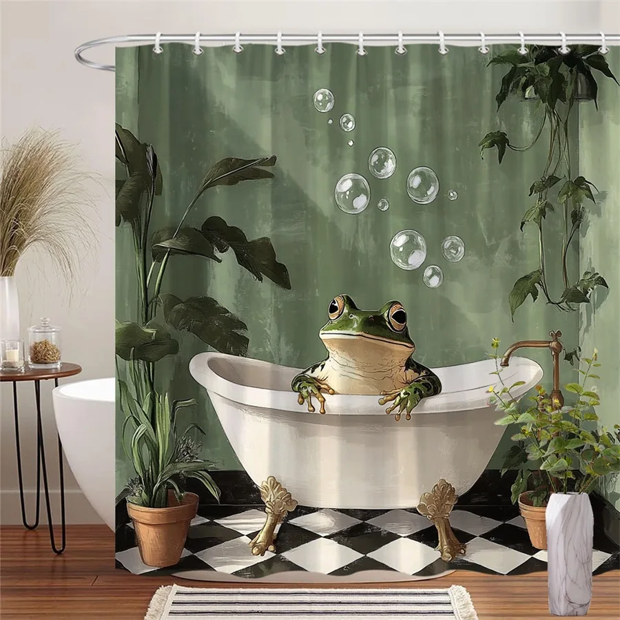 

1 шт. Химерная мультяшная лягушка на винтажной занавеске для душа для ванны на когтях - зеленая стена и плавающие мыльные пузыри, прочный полиэстер