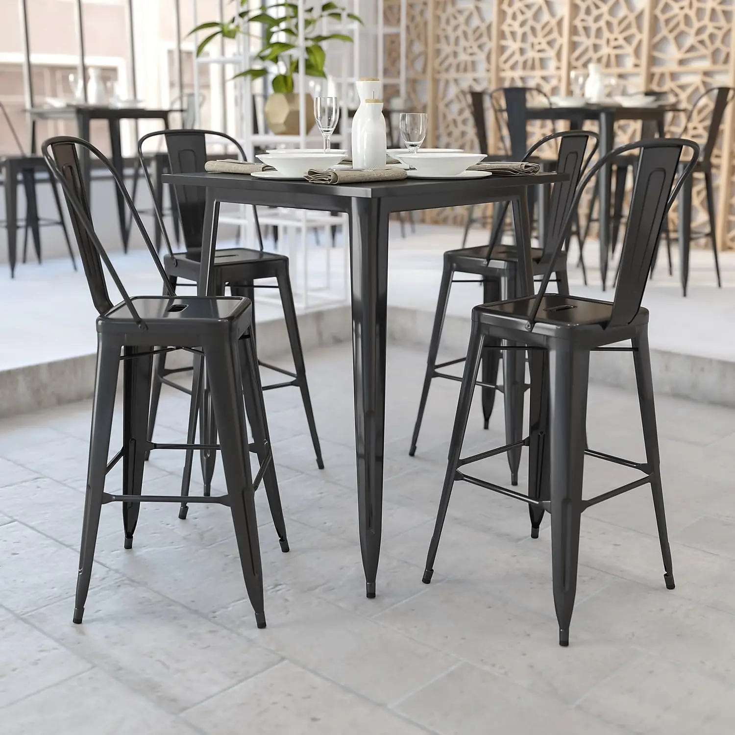 Mueble de grado comercial para interiores y exteriores, mesa cuadrada de Metal negro de 31,5 pulgadas, altura de Bar