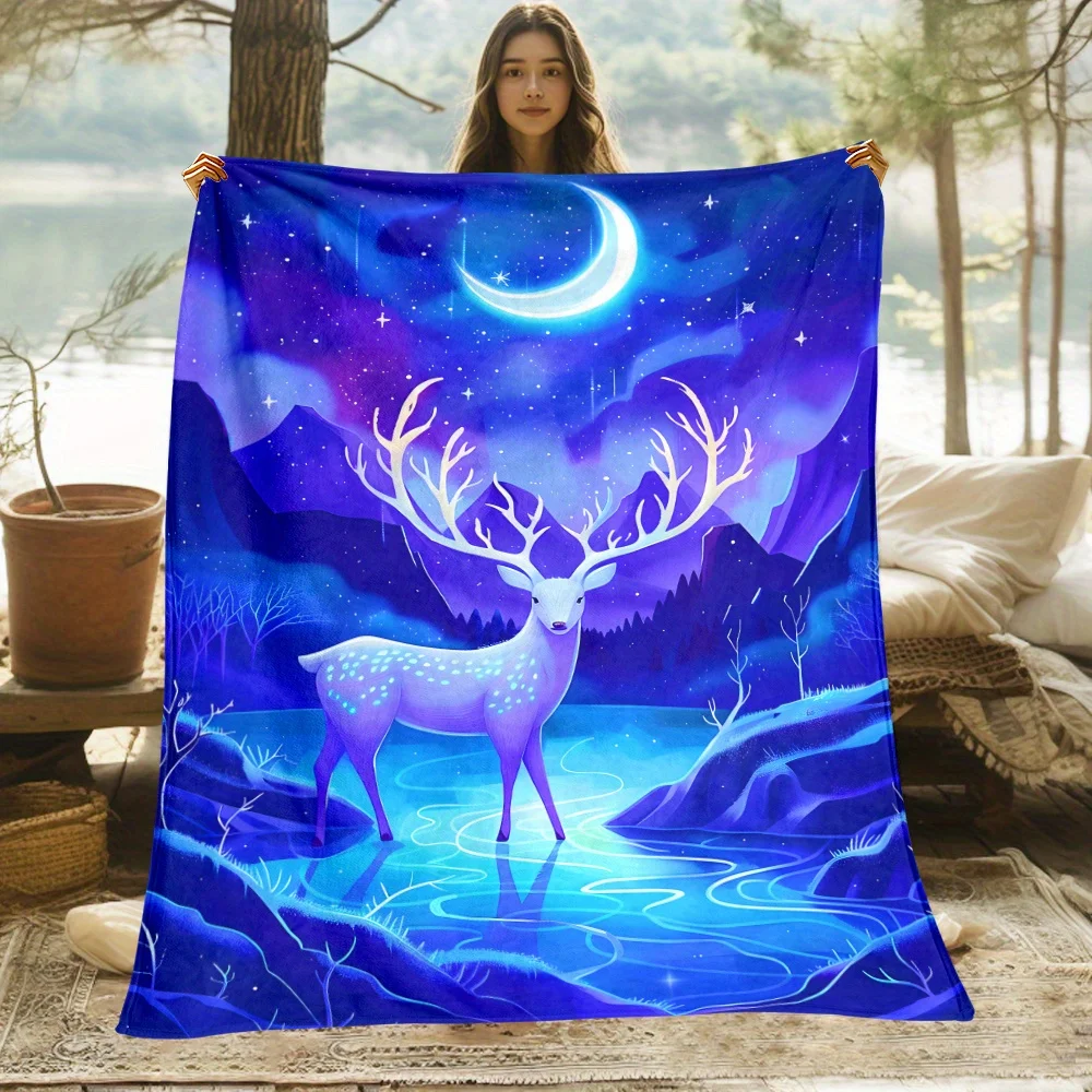 

Мистический олень, луна, ночное небо, горы, флисовое фэнтези, природа, искусство, мягкое одеяло для декора спальни, идеи духовных подарков