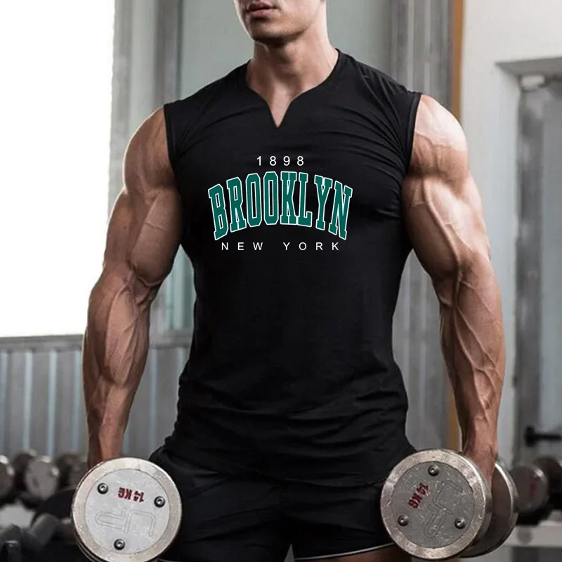 Summer  Men  New York V-Neck Gym Workout Vests Cotton Breathable Fitness Sleeveless Mens Bodybuilding Stringer Tank Tops T-shirt