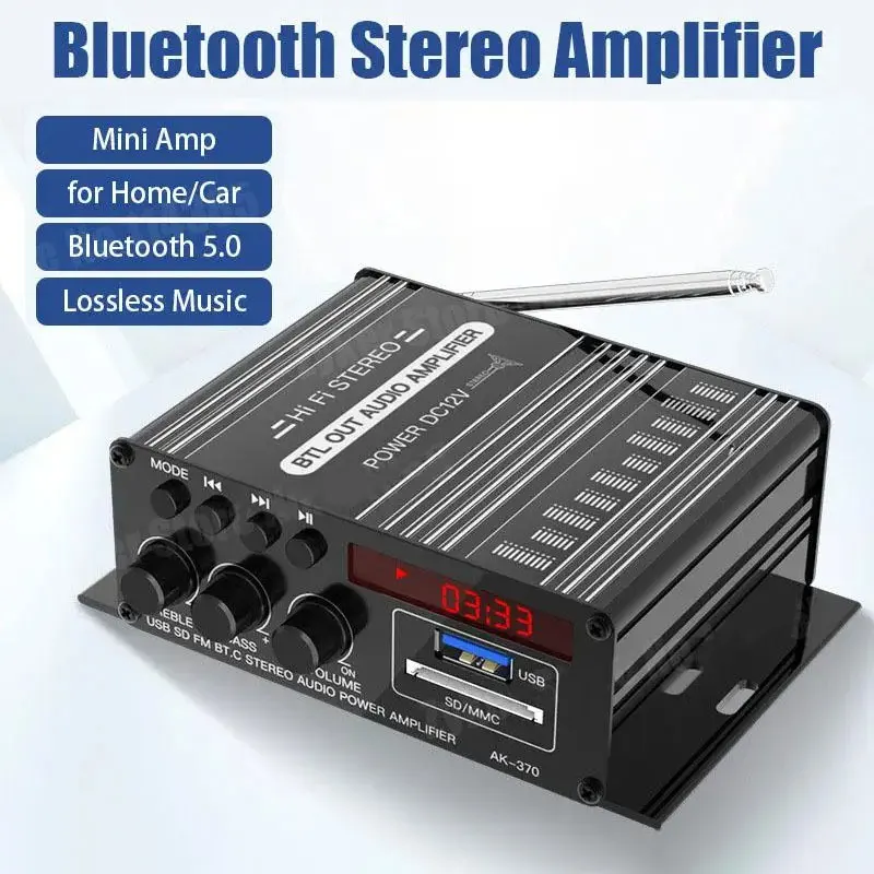 Pengeras suara, HIFI, saluran penguat suara AK370, Amplifier Digital 2.0 saluran Bluetooth Amp Mini, rumah mobil, USB, SD, FM, Speaker Bass