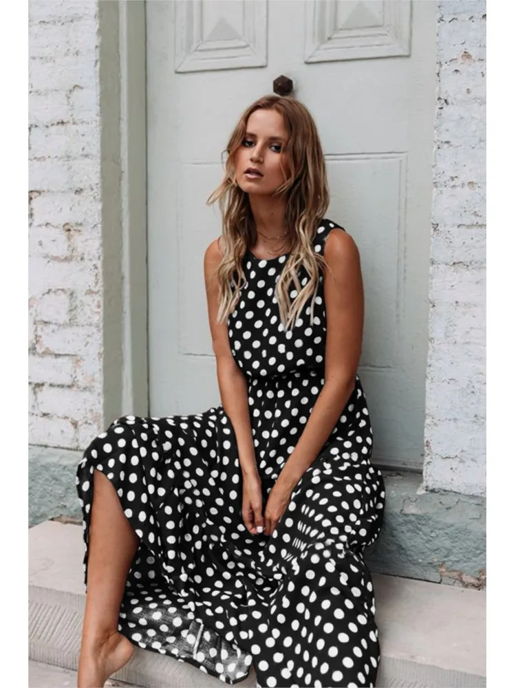 

Summer Sleeveless Polka Dot Print Women's Midi Dress 2026 Casual Fashion Dress A Line Elegant Beach Maxi Dress Vestidos Female
