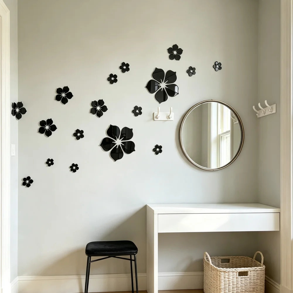 DIY Black Mirror 3D Flower Wall Stickers, Acrylic Splicable Crystal Petal Wall Art, Self‑Adhesive Decorative Floral Wall Decals for Indoor Home Ornament, Total 18Pcs
