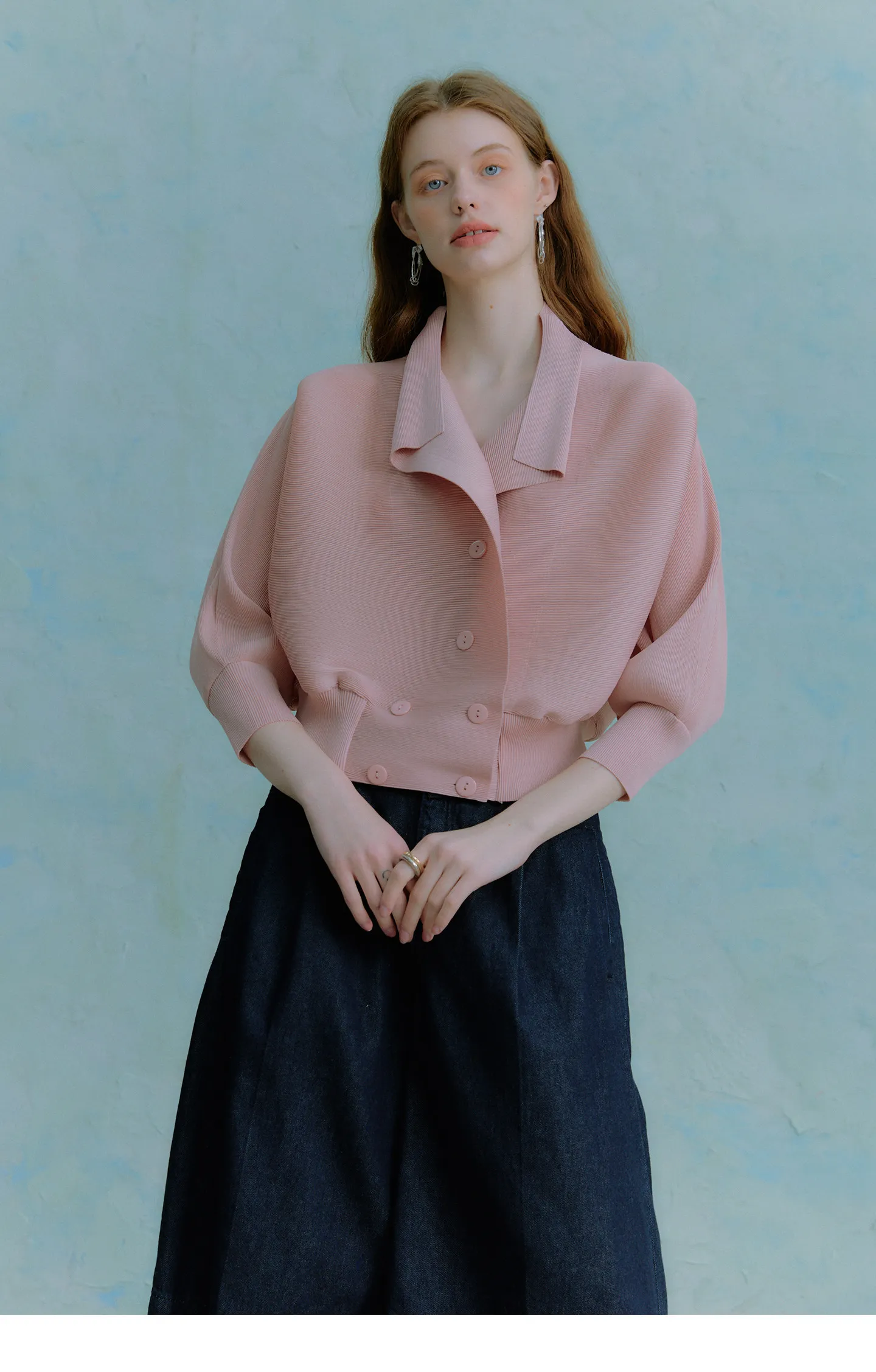 Miyake Plissierter Fledermausärmel-Cardigan für Damen, offene Vorderseite, kurze Jacke, leichte, lässige, elegante Bürojacke, rosa Oberbekleidung – Detail 5