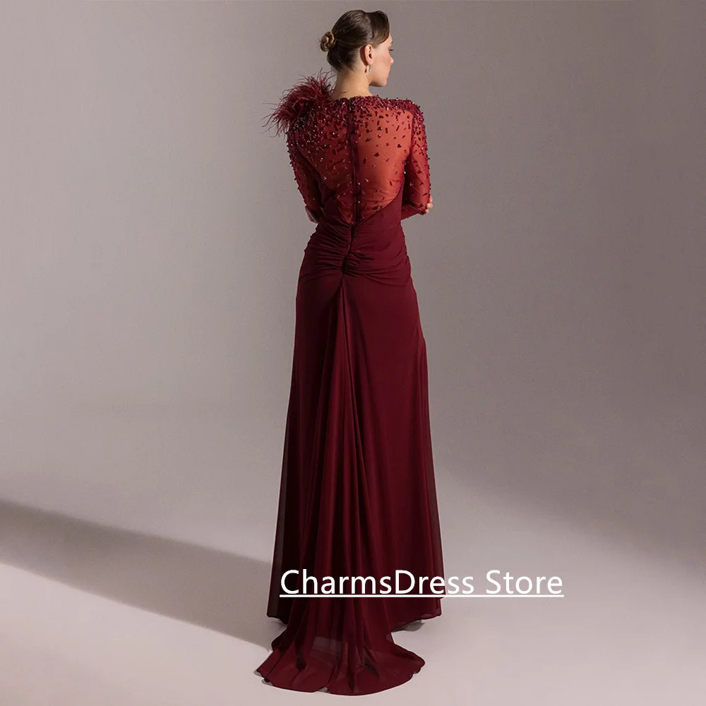 فستان حفلة موسيقية عنابي مخصص بأكمام طويلة مطرز بالترتر من الشيفون فساتين سهرة بطيات من الريش المقسم #2