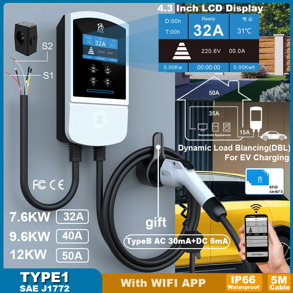 evsow EV Charger Type1 Dynamic Load Blancing 12KW 50A 4.3Inch Screen With APP&Charge History EVSE Wallbox Electric Car Charger