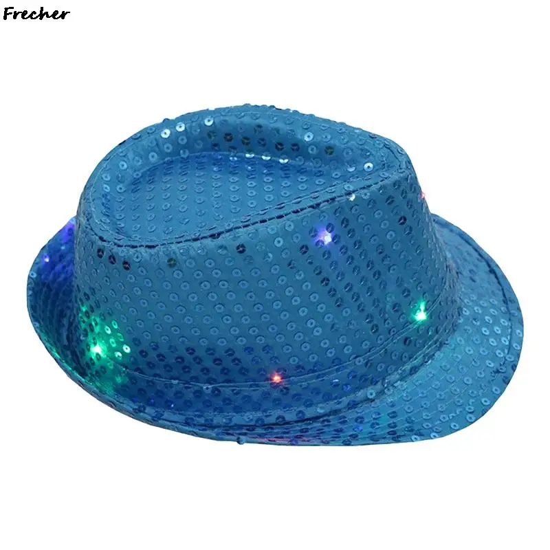 Sequin Luminous Bucket Hats LED Flashing Jazz Cap Performance Costume Club Dance Role Play Caps Night Glowing Fedora Hat