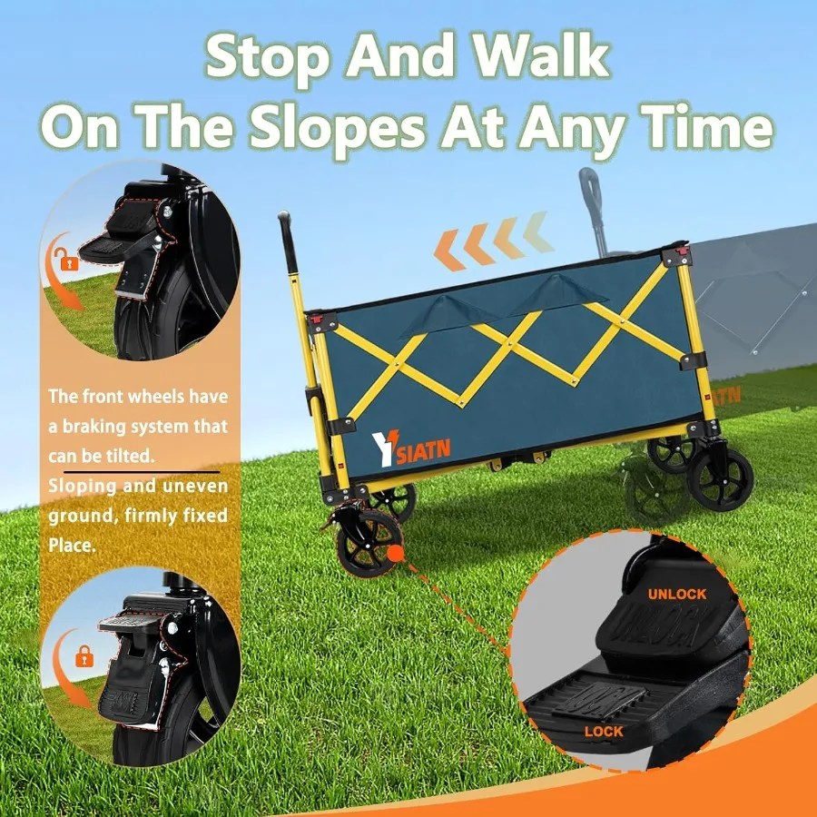 Collapsible Wagon Cart with Brake Foldable Wagon Cart with All Terrain Wheels Large Grocery Carts On Wheels Heavy Duty Utility