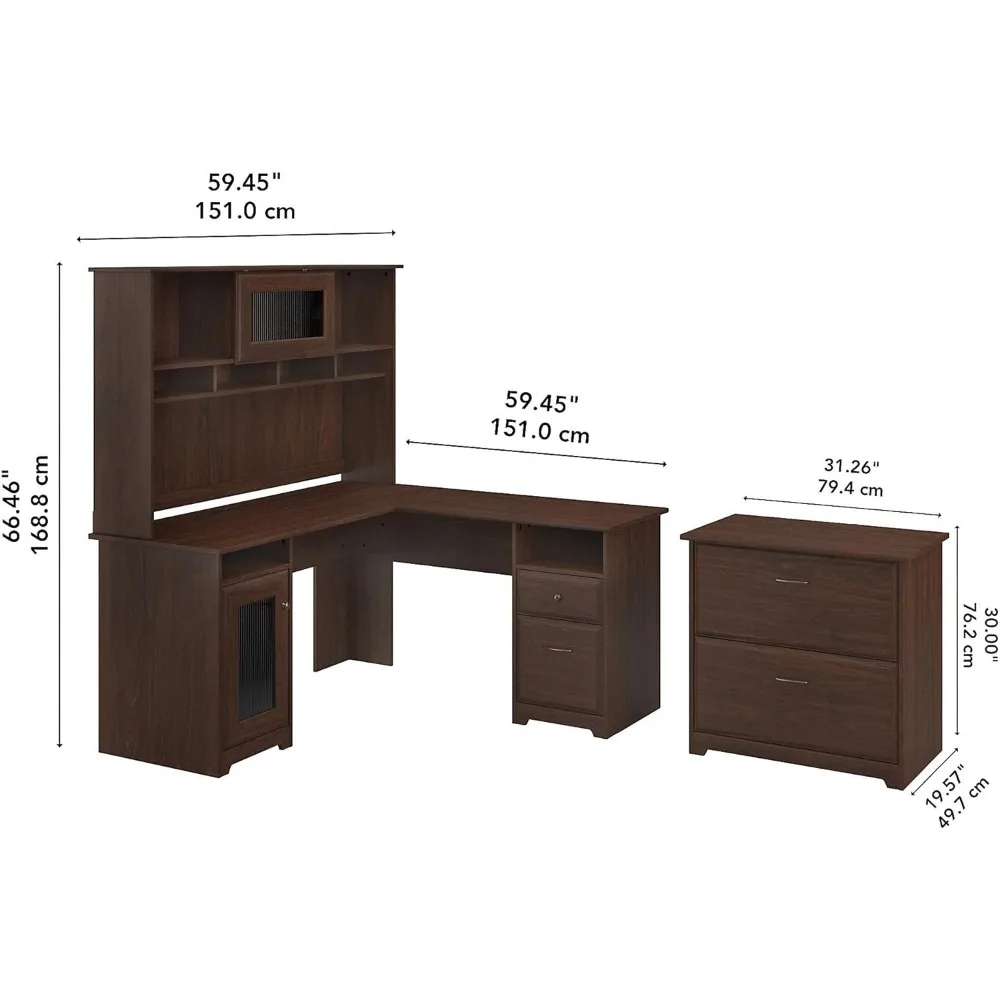 Modern Walnut 60W L-Shaped Desk with Hutch and File Cabinet