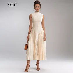 VGH Elegant Solid Folds Slimming Long Dress For Women Stand Collar Sleeveless High Waist Temperament Dresses Female Fashion New