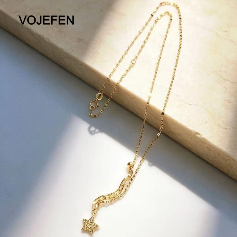VOJEFEN 18K Gold Original Pure Dainty Star Necklace for Women Textured Pentagon Pendant with Mixed Link Chain Trendy Jewelry