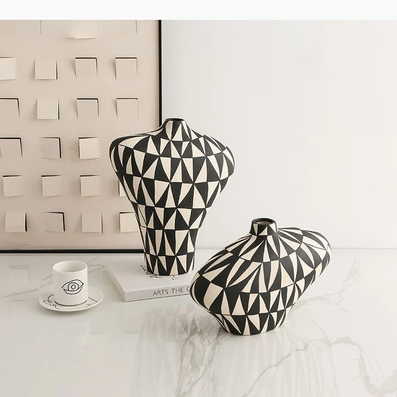 Ceramic Vase Geometric Check Flower Vase Ceramic Handicraft Flower Arrangement Home Decoration Accessories