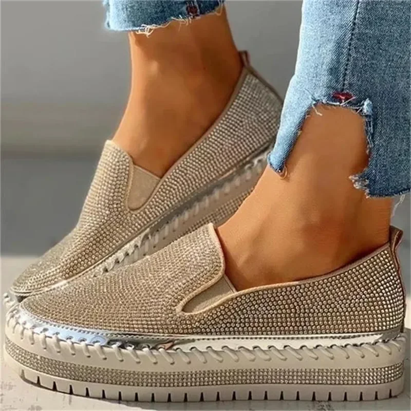 Zapatillas de deporte planas con lentejuelas para mujer, zapatos informales de malla con cordones, lentejuelas finas de diamante, suela gruesa,