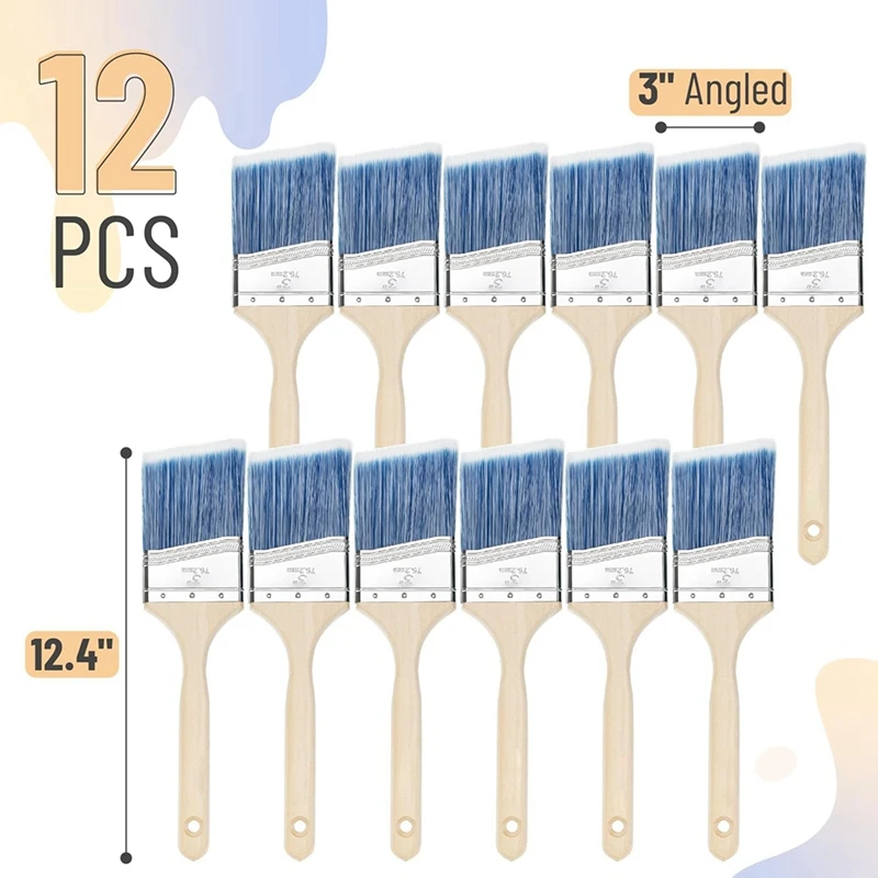 Paint Brushes, 3 Inch, 12 Pack, Angle Brushes, Treated Wood Handle, Paint Brushes for Walls, Wall Paint Brushes-A44I