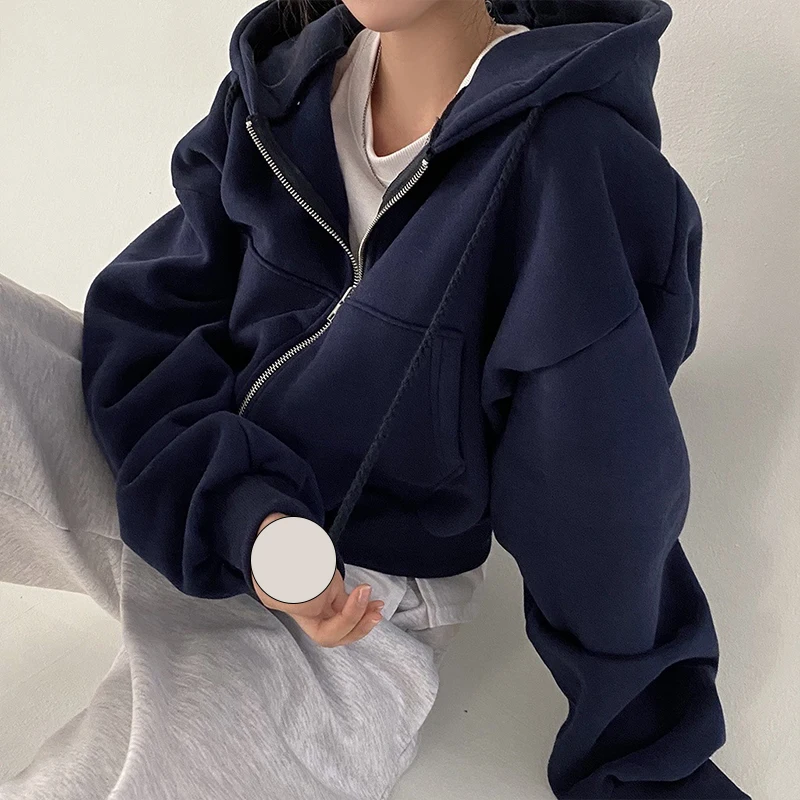 Autumn Retro Solid Color Hoodies Zipper Oversize Women Sweatshirts Casual Harajuku Korean Top Kpop Aesthetic Jacket Short Coat