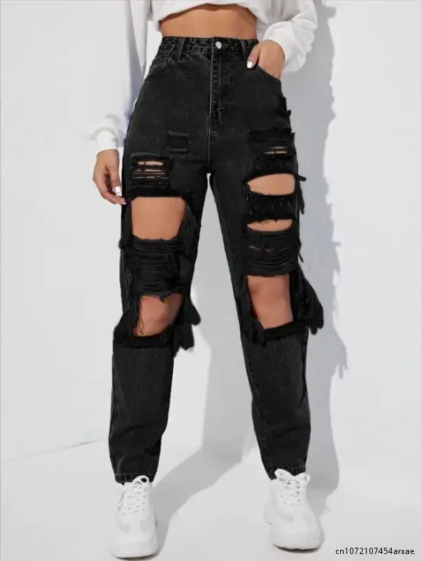 Ladies High Street Ripped Jeans Trousers Denim Fashion Hole Washing High Waist Jeans Woman Cotton Denim Straight Pants