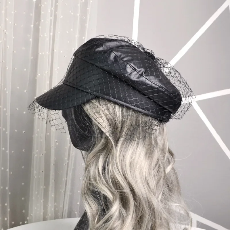 Spring and summer New black  PU lace veil newsboy  caps Fmale Flat top black Mesh letter multiple styles  fashion hats