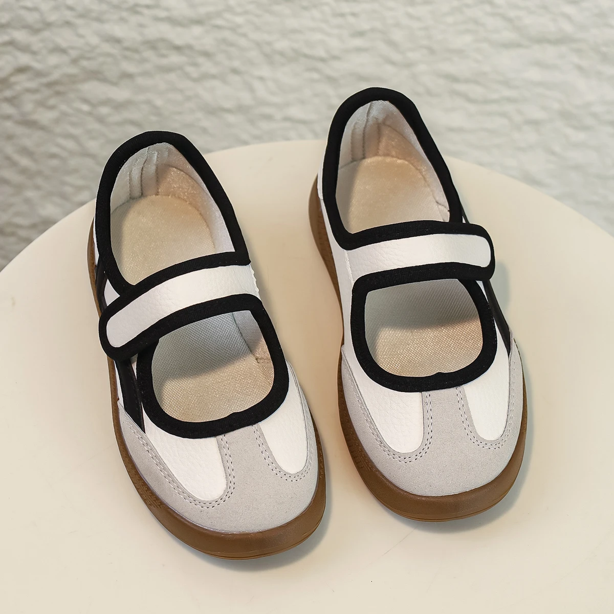 Children's Round-headed Mary Jane Sneakers Hook and Loop Stitching Upper Rubber Soles Casual Toddler Shoes for Boys and Girls