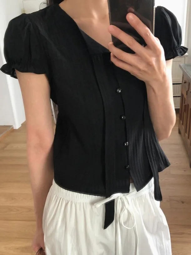 

Elegant Black Shirt Women's Summer Texture Single Button Short Sleeve Draped Design Sense Shirt French Style Waist-Cinching B...