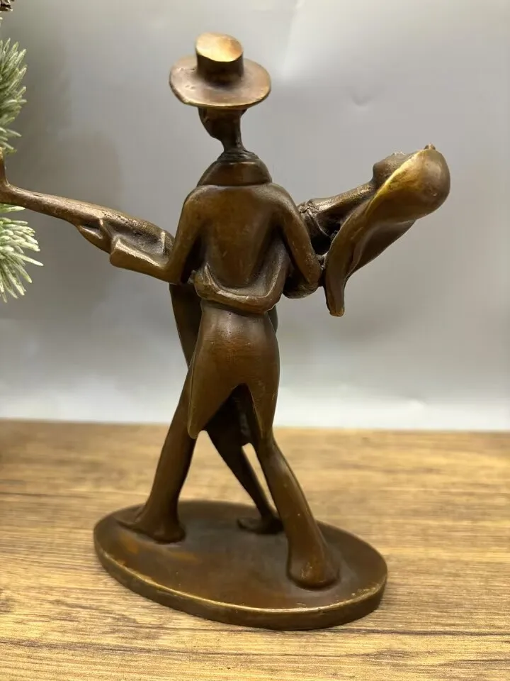 Antique Old Carved Ballroom dancing Little Bronze Man female Statue H:17cm