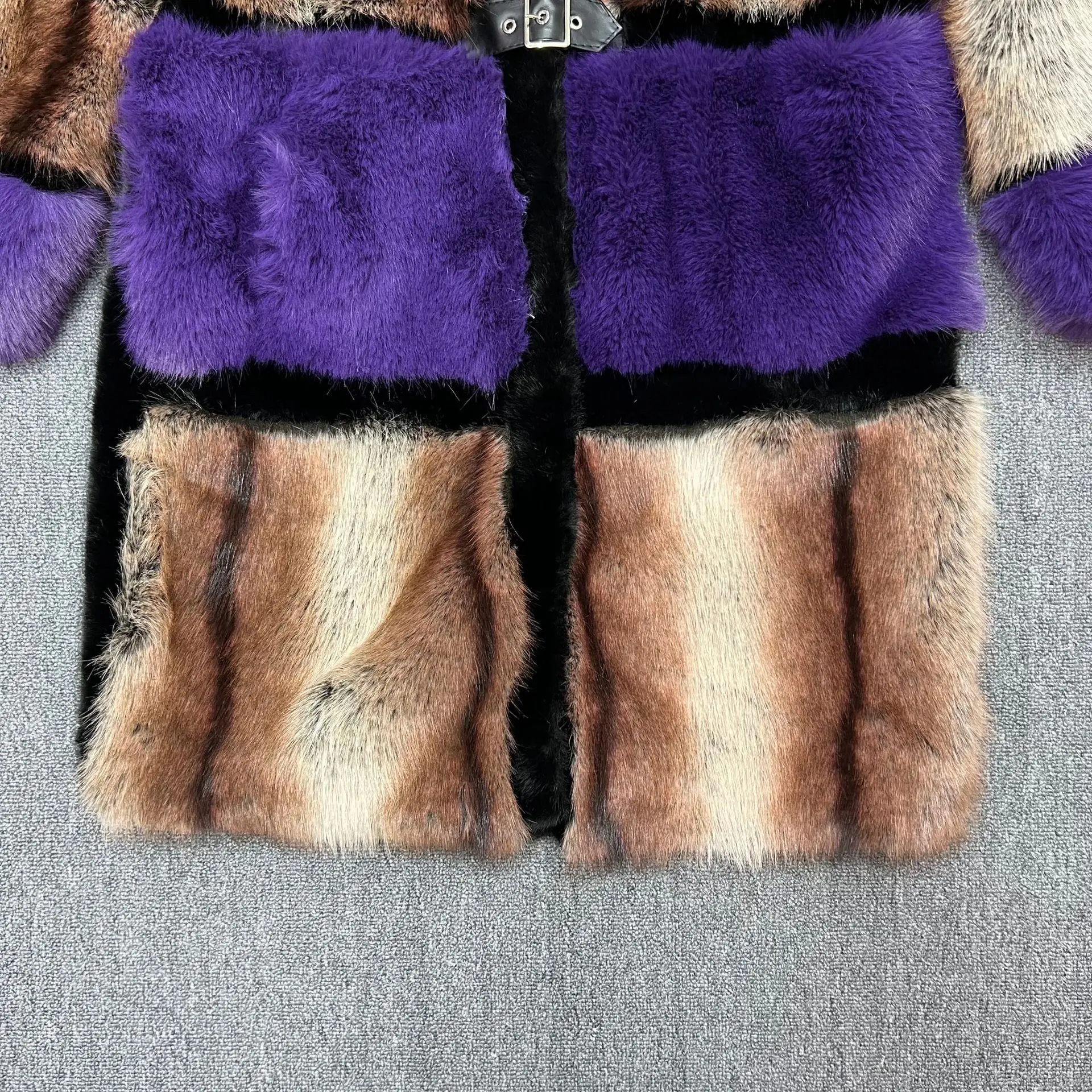2025 Autumn Winter New Fashion Color-Block Long Thickened Faux Fur One-Piece Mink Fur Women's Faux Fur Coat V Neck