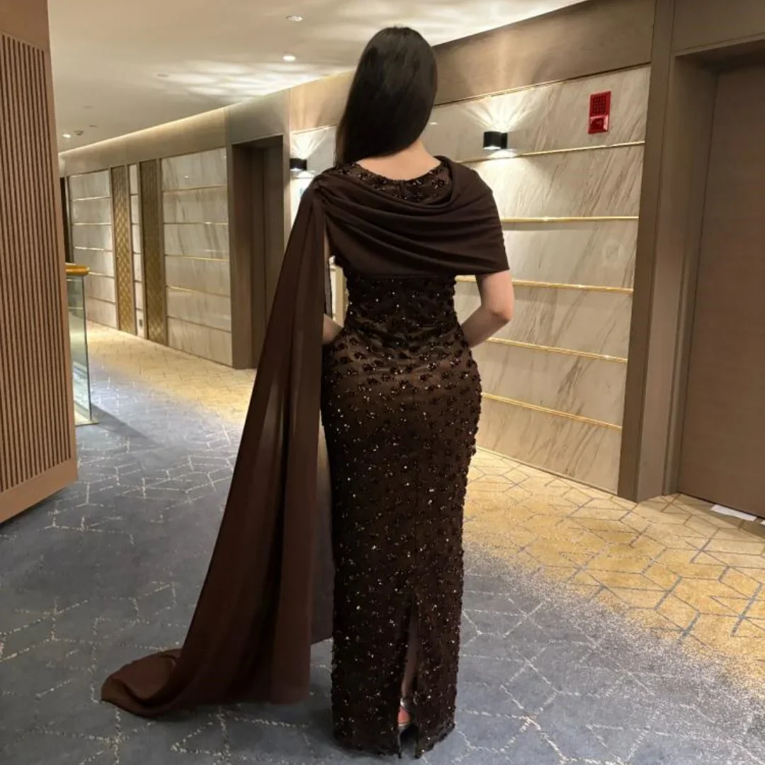 AsaNagi Customized Chocolate Brown One-Shoulder Capelet Sequin Prom Gowns Slim Fit Birthday Party Dresses Elegant Summer Dress image 3
