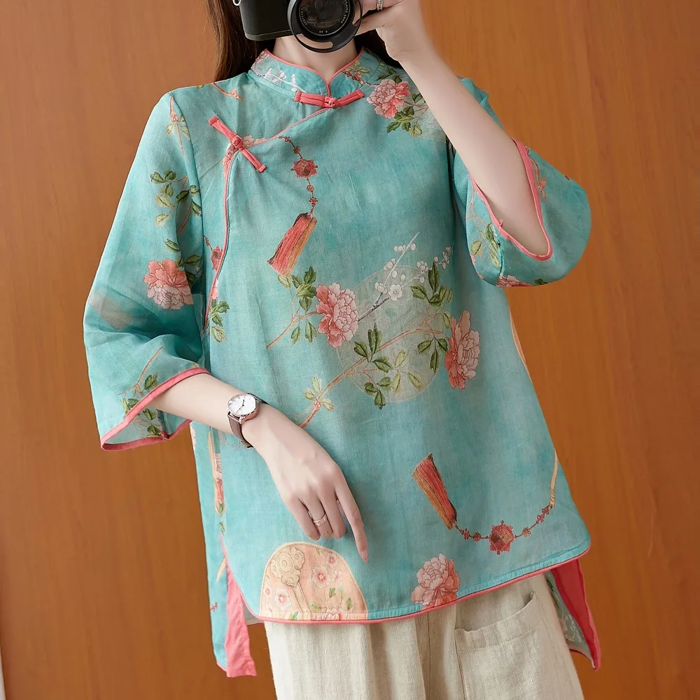 Ropa tradicional Retro para mujer, camisa elegante china, jersey de estilo Retro, Top Oriental exquisito con cuello levantado, Verano