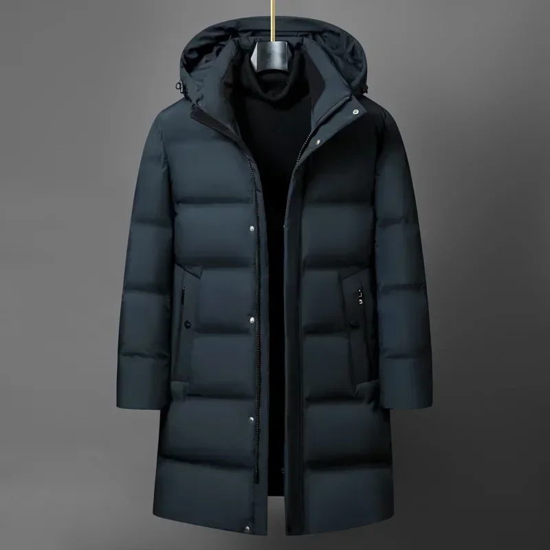 Winter Fashion Down Jacket for Men Men's White Duck Down Jackets Hooded Warm Thick Long Parkas Man Slim Fit Medium Length Coats