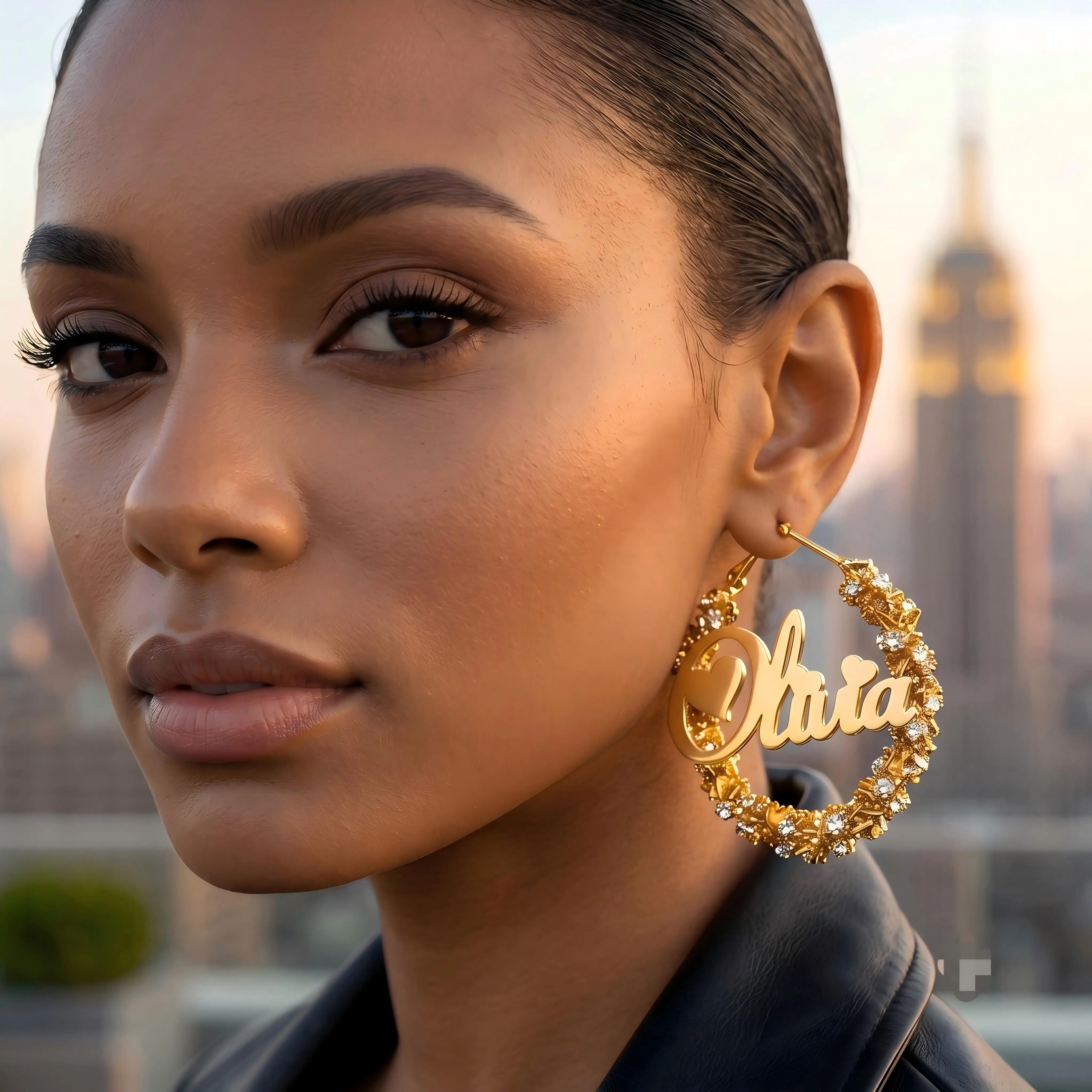 

DOREMI Custom Name Hoop Earrings for Women Personalized Iced Out Crystal Nameplate Earrings Gold Color Bling Heart 40mm Jewelry