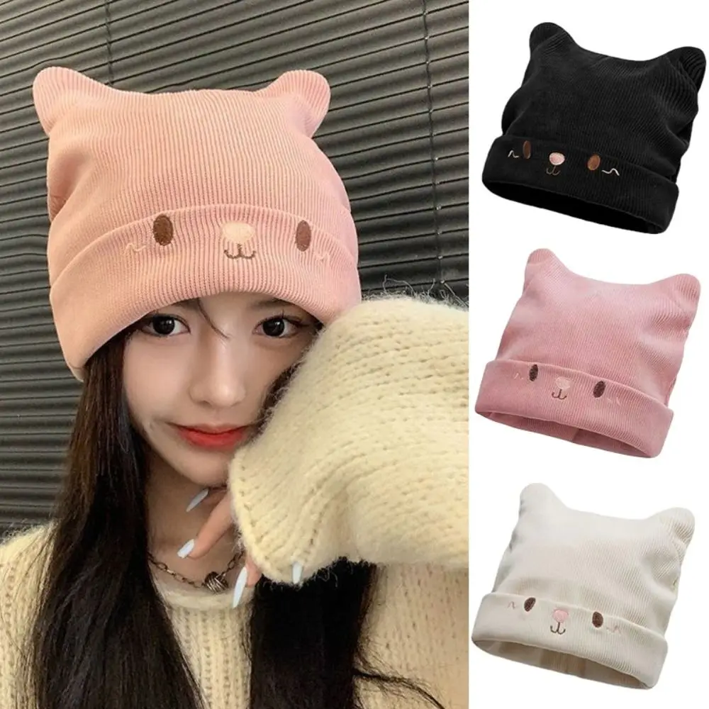 

Вязаные шапки с кошачьими ушками, милая однотонная ветрозащитная шапка с черепом, защита ушей, зимний теплый пуловер, шапки-бини