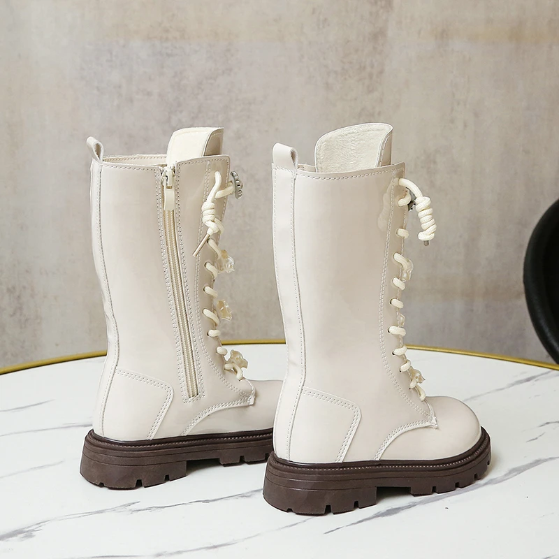 Autumn Girls Long Leather Boots 2025 Soft Soled Kids Fashion Princess Boots Bowknot Non-slip Outdoor Children Boots Plush Winter