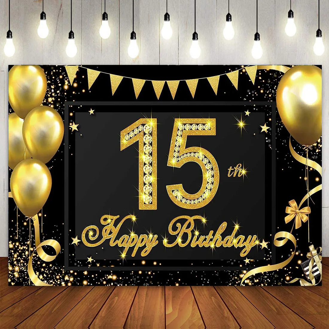 

Happy 15th Birthday Party Decoration Banner Backdrop for Boys Girls Fifteen 15 Years Old Black Gold Blue Red Silver Background