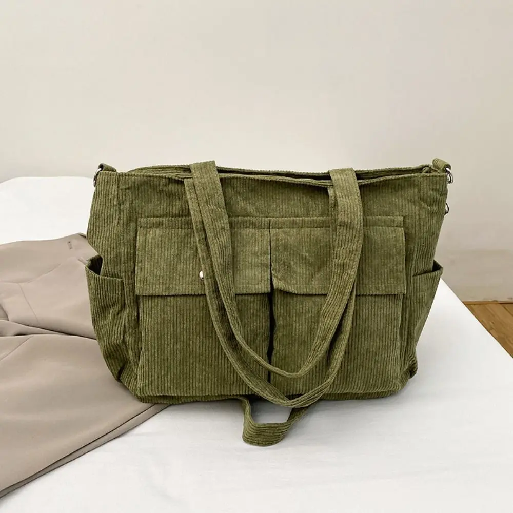 Large Capacity Corduroy Tote Bag Vintage Elegant Multi-pocket Shoulder Bag Pure Color Handbag Casual Underarm Bag