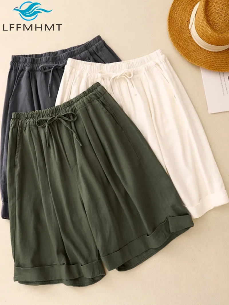 

Women's Summer New Casual Shorts Female Japanese Style High Waist Elastic Waistband Wide Leg Loose Fit Simple Basic Short Pants