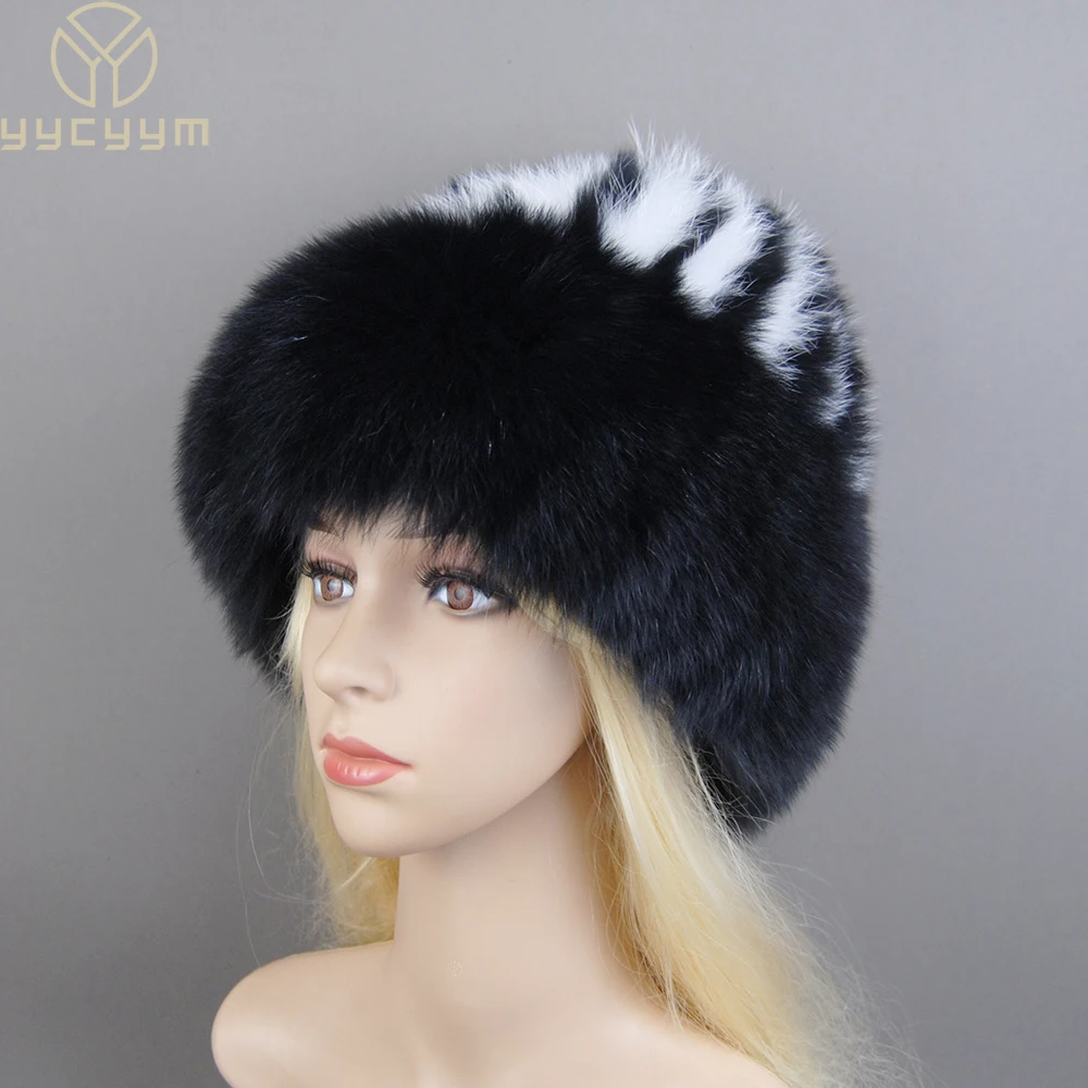 

Real Fox Fur Pompom Bomber Winter Hats Russian Female Ski Mask Natural Raccoon Fur Hat Knitted Skullies Beanies Fall Women's Cap