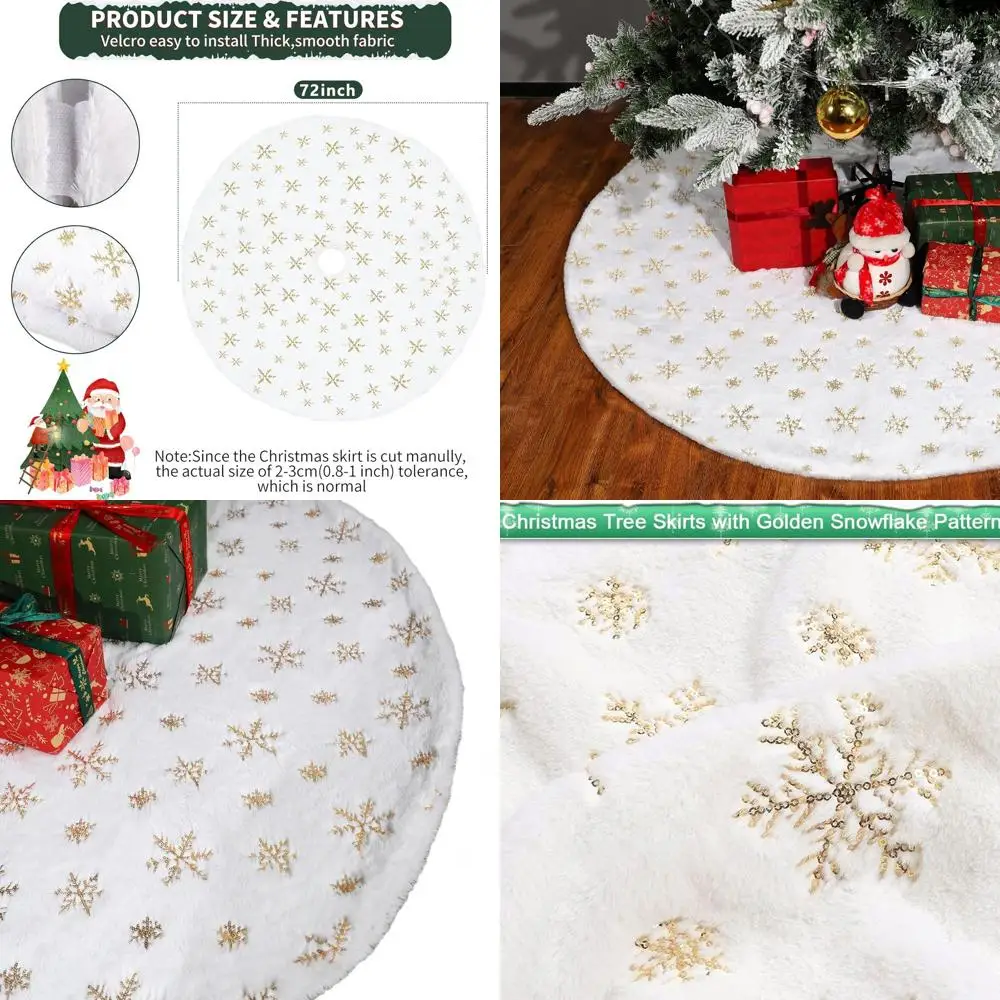 

72 Large Faux Fur Christmas Tree Skirt with Sequin Gold Snowflakes for Festive Holiday Decor