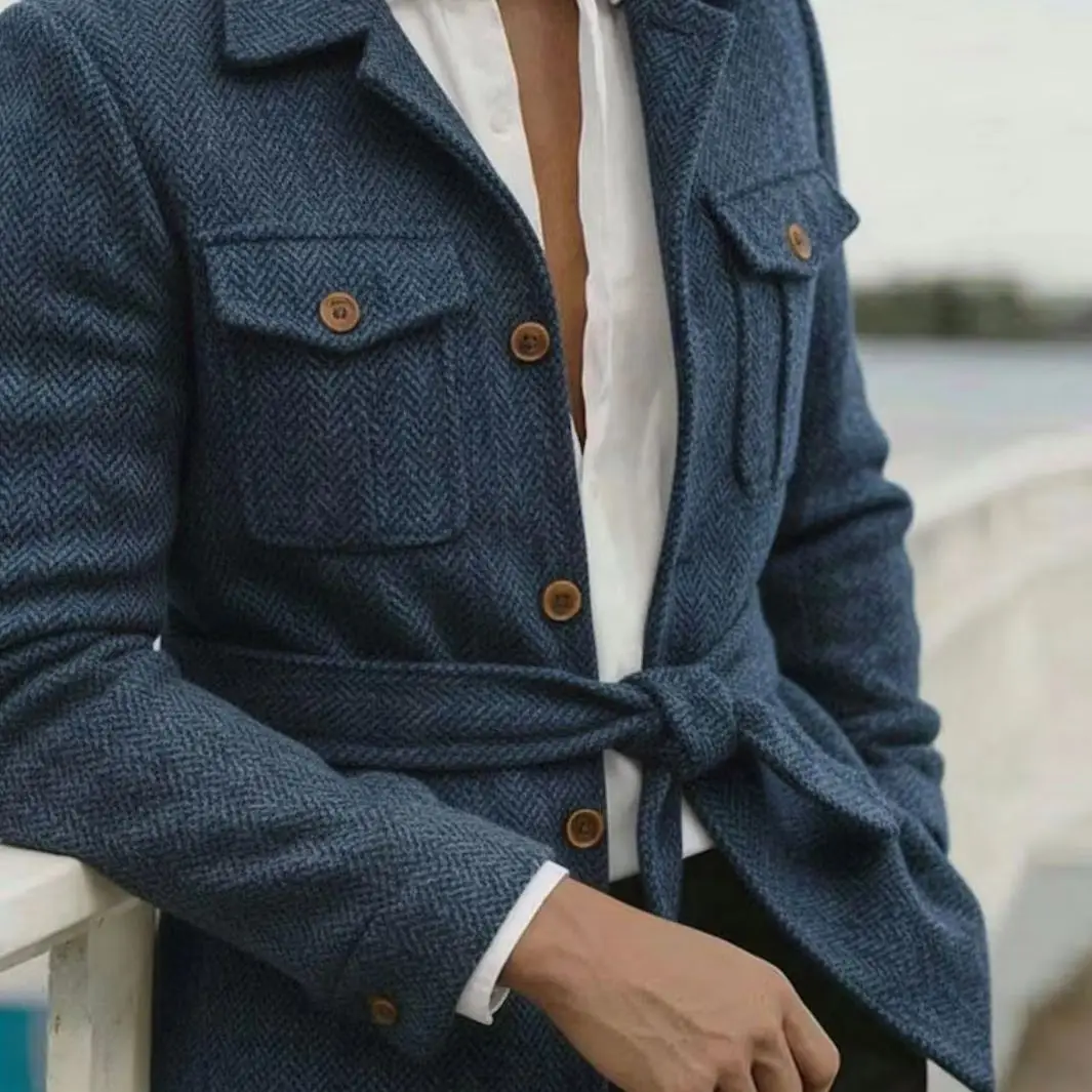 Men's Blue Herringbone Wool Safari Jacket Belted Blazer with Multi-Pockets Casual Smart Coat for Men Perfect Customized