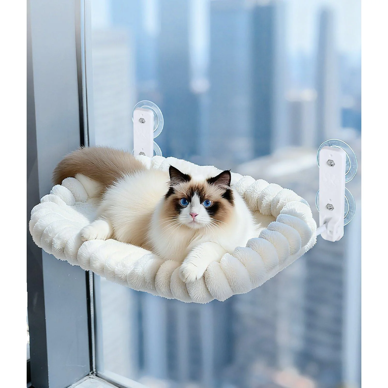 1 Set Katzen-Hängematte Weiß, Plüsch-Hängebett für Katzen und Hunde, Weiche Schaukelwiege mit Robusten Gurten für Fenster und Schreibtisch, Gemütliche Schlaf- und Ruheunterlage für Kleine Haustiere,