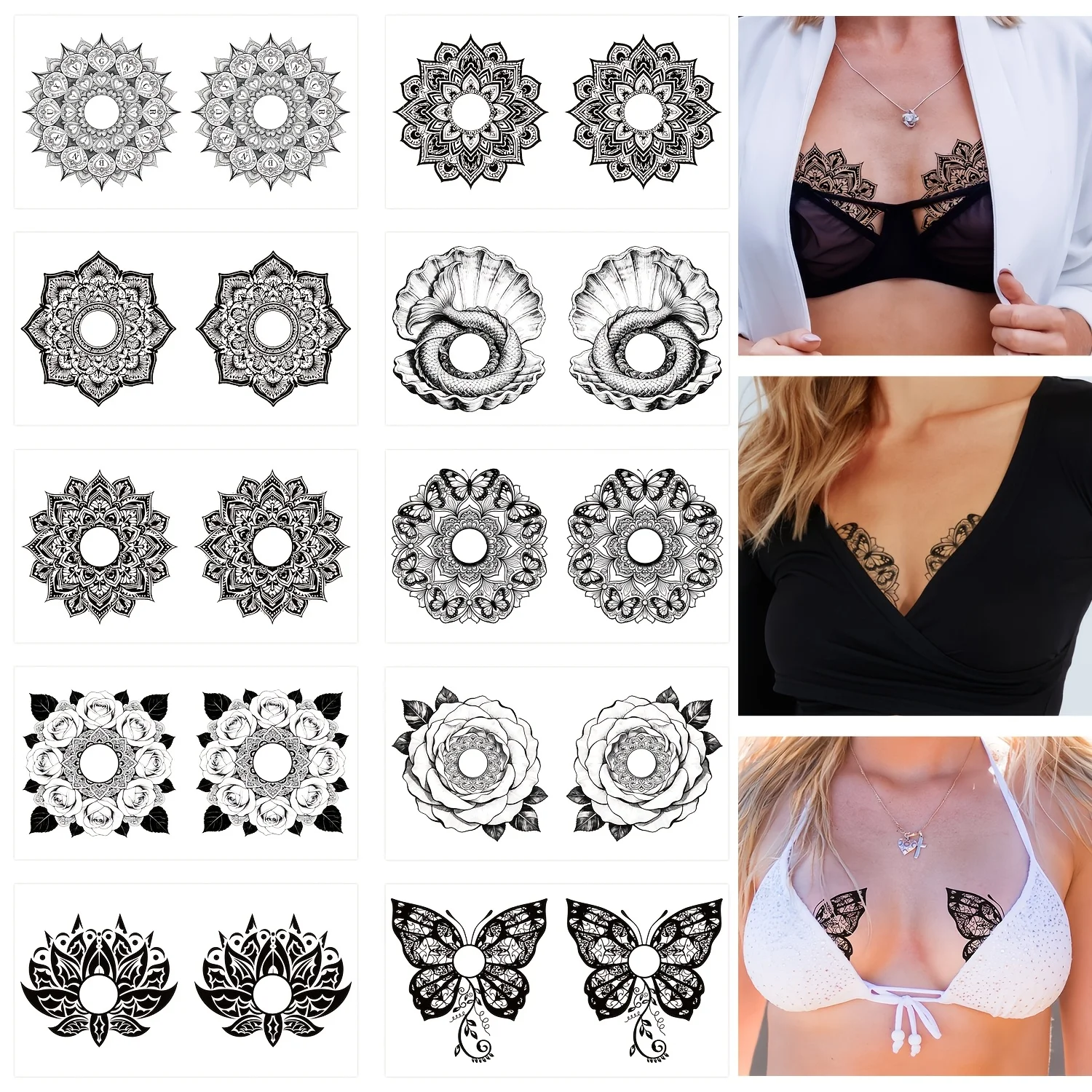 

10 сексуальных татуировок на ключицу с узорами мандалы и бабочек, многофункциональные наклейки для боди-арта, водостойкие и легко снимаемые.