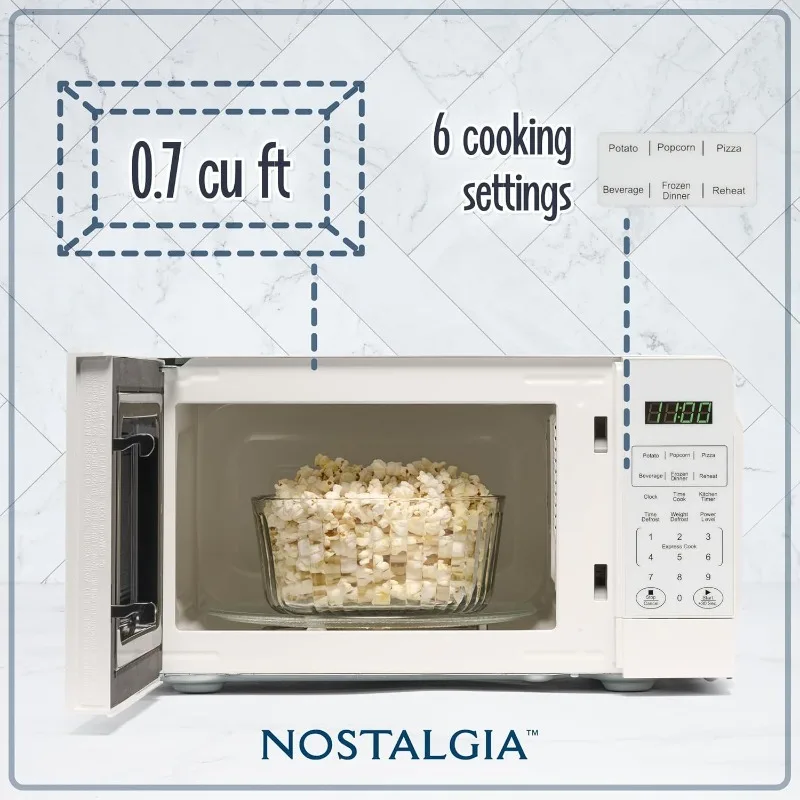 Modern Retro Microwave Countertop, Eletrodomésticos de cozinha, 700 Watts, 0,7 pés cúbicos, 12 configurações de cozinha pré-programadas