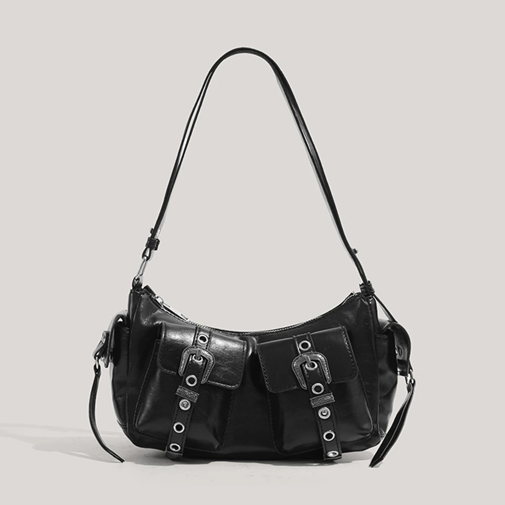 

Y2K punk hot girl style black single shoulder underarm bag with multiple pockets and metal buckle crescent bag