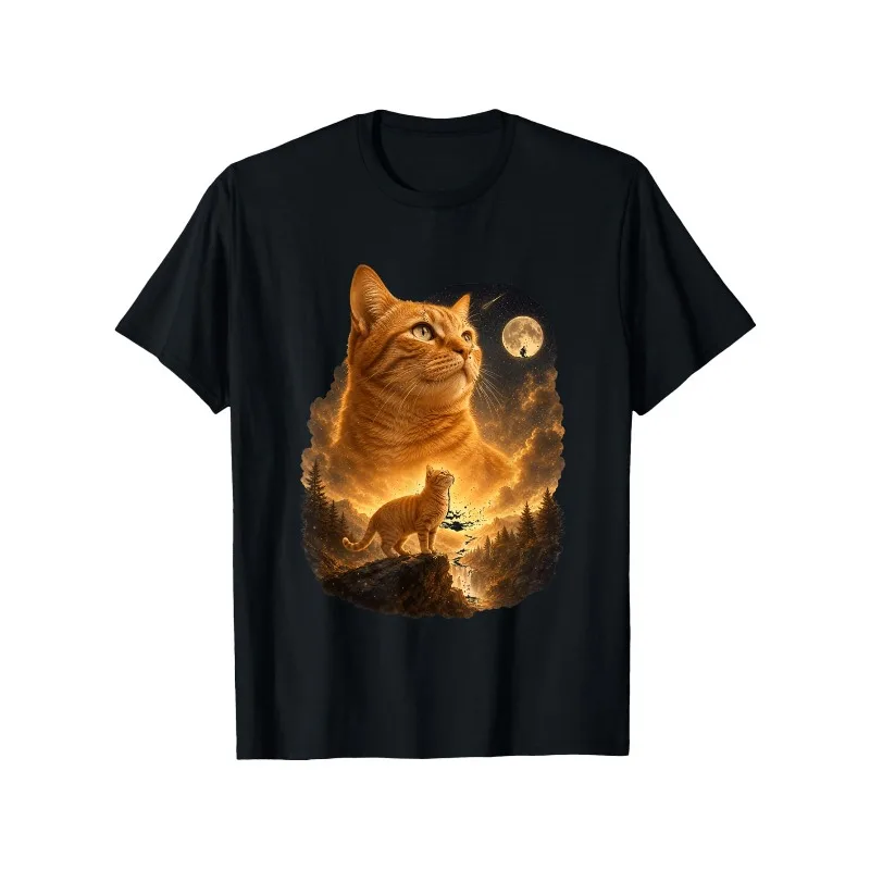 WULIVE Orange Moon Cat Howl T-shirt - Space Night Sky Casual Wear, Round Neck T-shirt