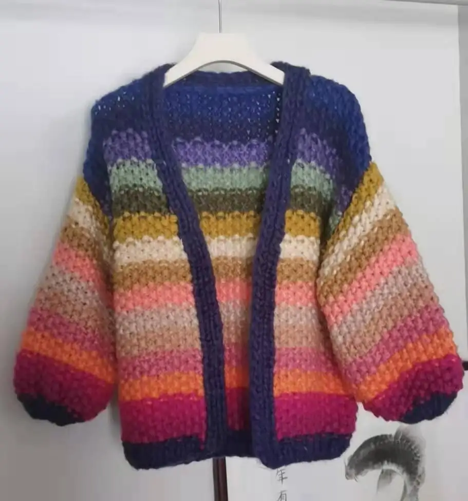 Autumn Winter Handmade Rainbow Striped Crocheted Cardigan Hit Color Thick V-Neck Hooked Sweater Coat Female Knitwear Crop Tops